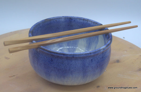 Rice Bowl with Chop Sticks  Blue over Cream